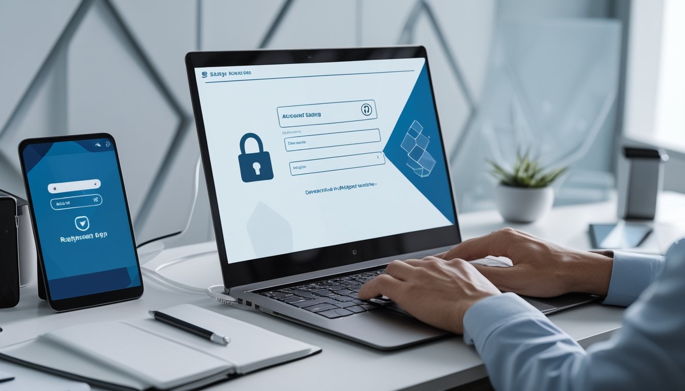 Seseorang menyiapkan laptop, ponsel, dan perangkat lain di meja kerja untuk proses pendaftaran akun yang aman.