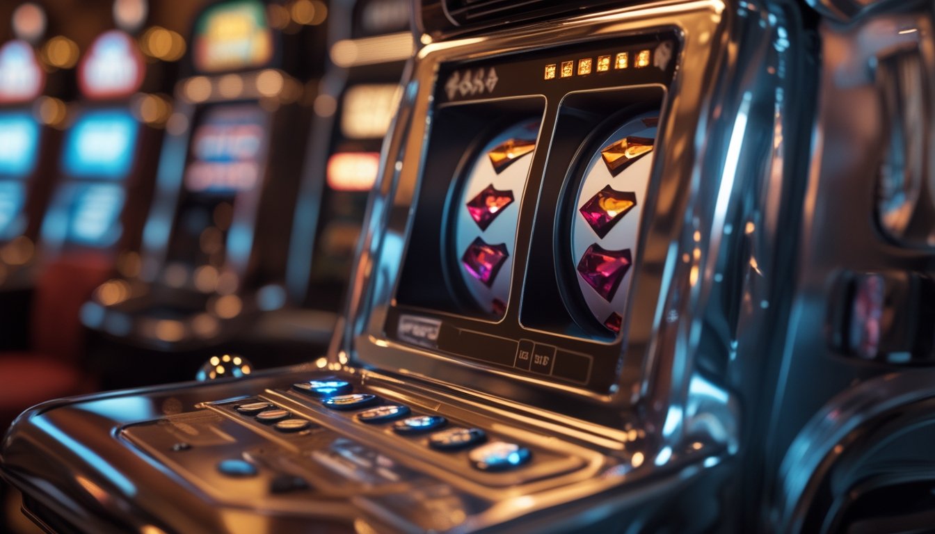 Mesin slot klasik dengan simbol berlian bercahaya berdiri di depan perangkat permainan digital modern.