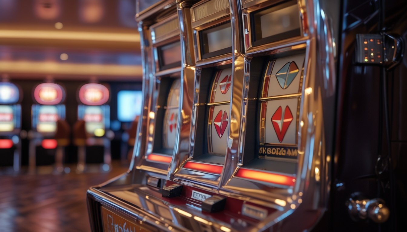 Mesin slot klasik dengan simbol berlian menonjol di ruang hiburan modern.