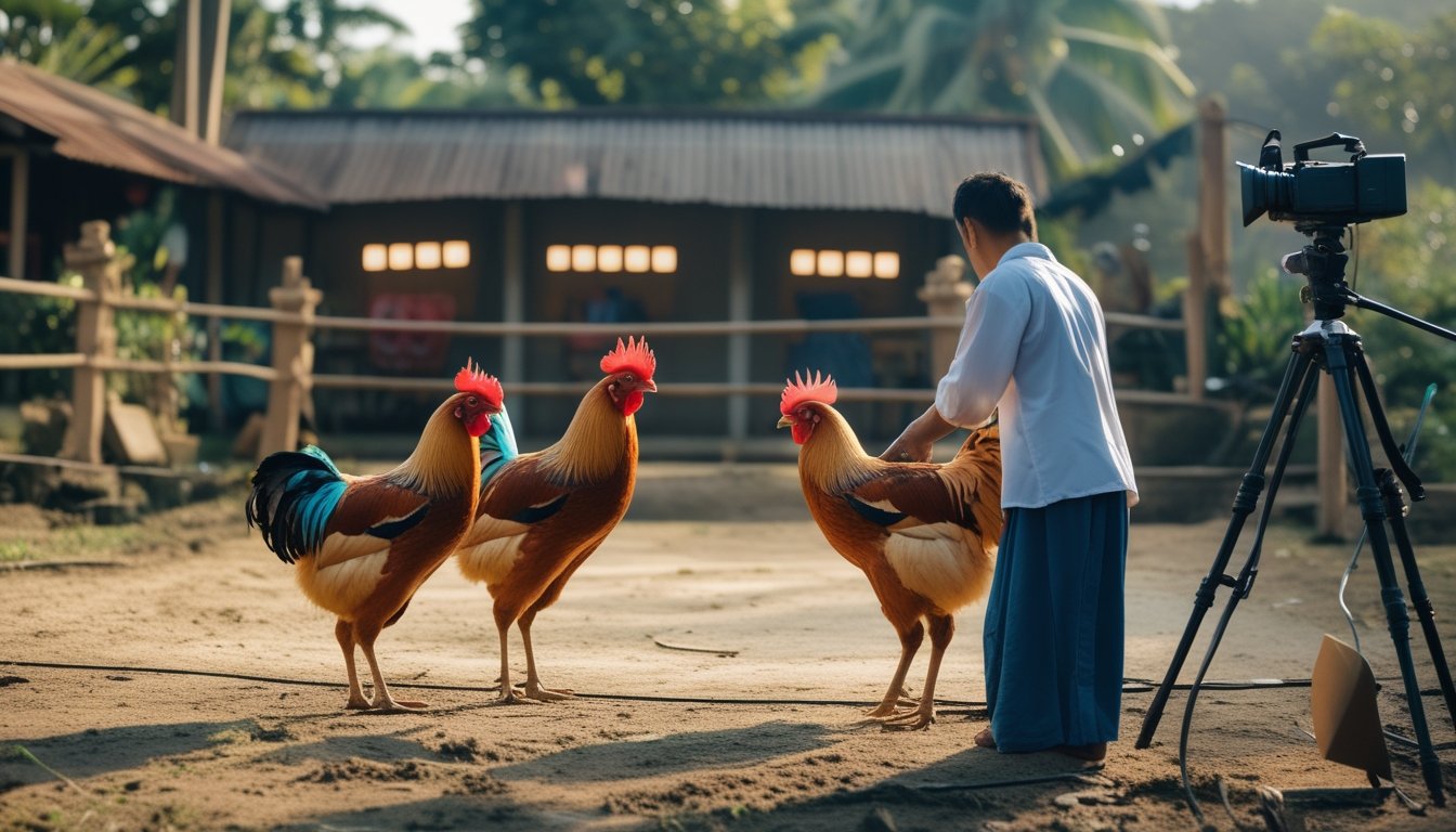 Dua ayam jantan sehat berada di arena desa yang bersih dengan peralatan kamera dan siaran langsung di sekitarnya.