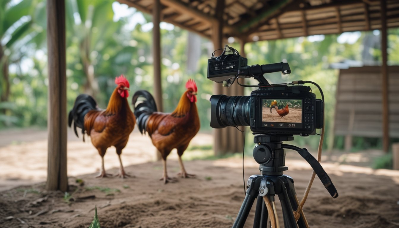 Dua ayam jantan berada di kandang terbuka dengan kamera dan ponsel untuk siaran langsung di lingkungan pedesaan.