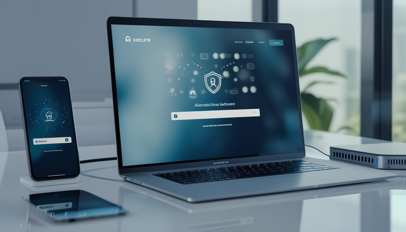 Laptop dan ponsel menampilkan antarmuka akses digital abstrak di meja kantor modern dengan router di sampingnya.