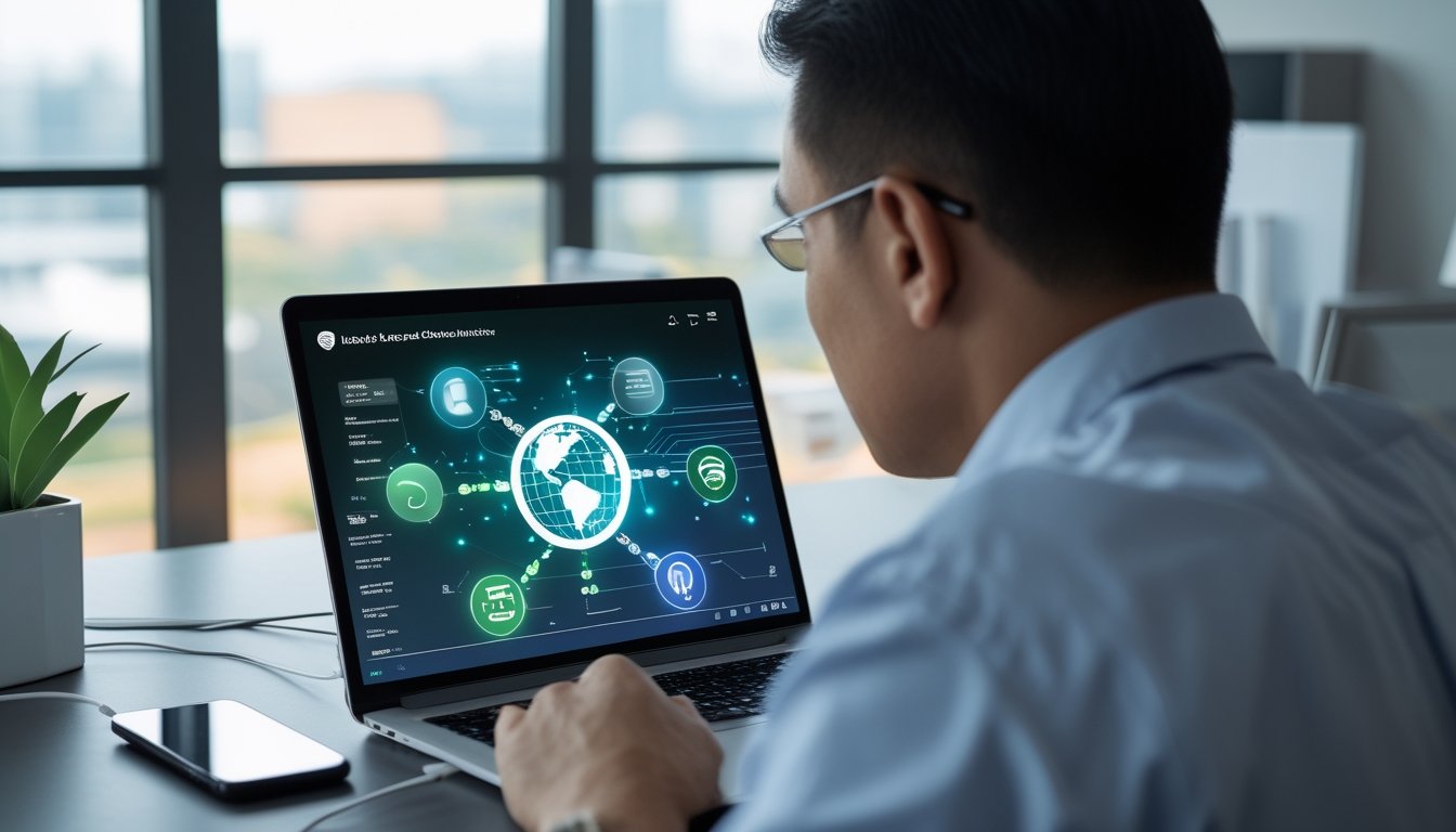 Seseorang menggunakan laptop di ruang kerja modern dengan simbol jaringan aman dan koneksi internet.