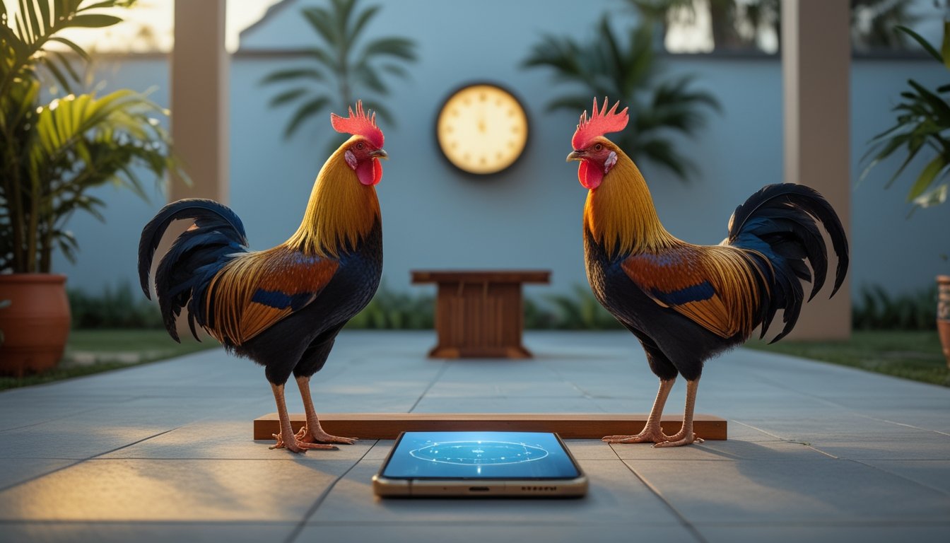 Dua ayam jantan terawat berdiri tenang di halaman dengan ponsel dan simbol jam di dekatnya.