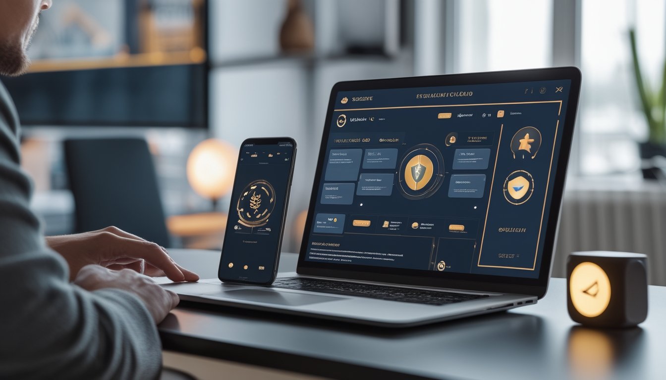 Seseorang menggunakan laptop dan ponsel untuk meninjau platform digital yang aman di ruang kerja modern.