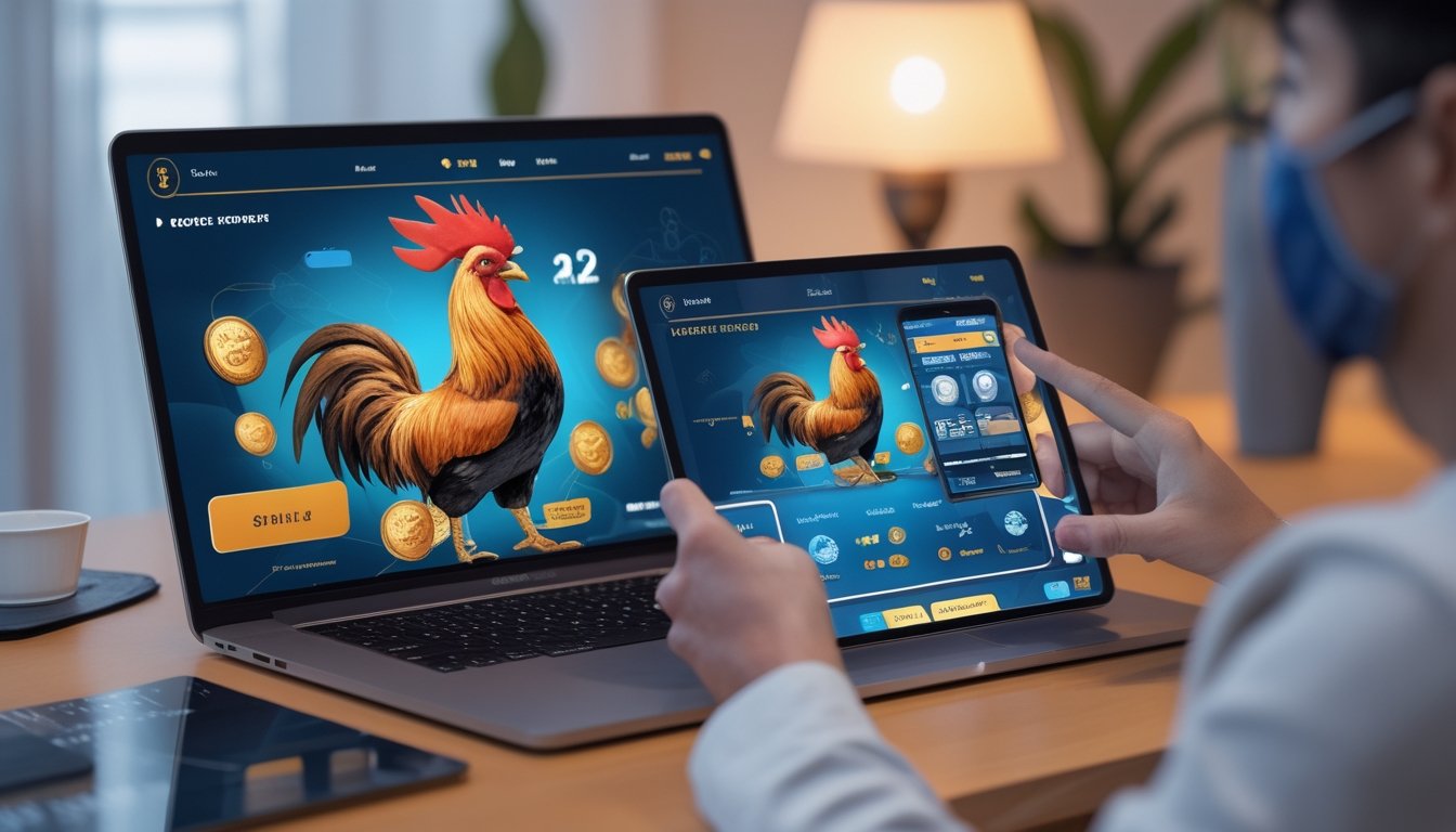 Pengguna dewasa menikmati pengalaman bermain gim bertema ayam pada laptop dan ponsel di meja modern.