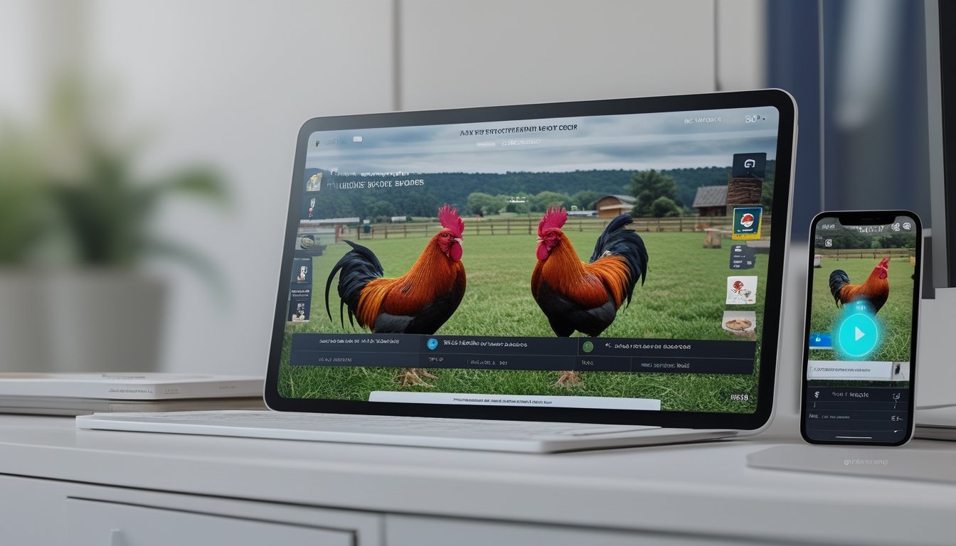 Ponsel dan tablet menampilkan siaran langsung arena sabung ayam dengan ilustrasi koneksi internet yang lancar.