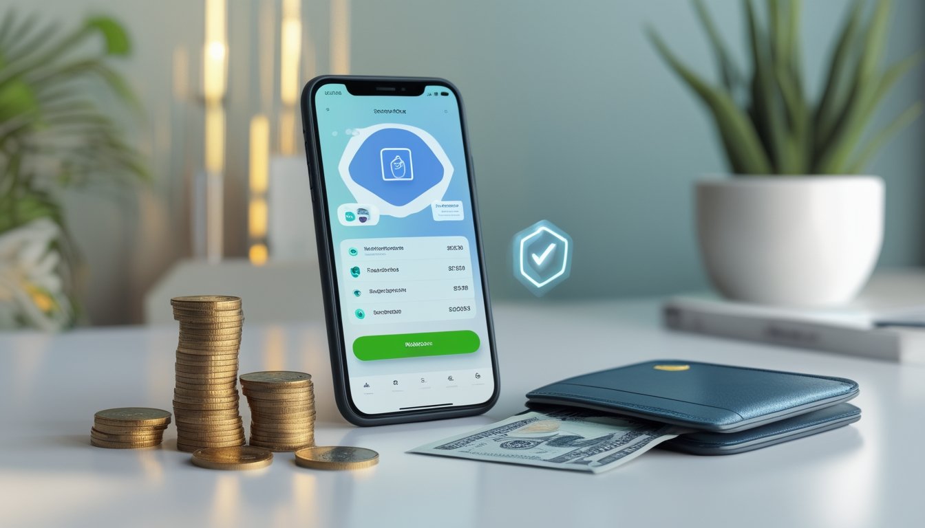 Ponsel dengan antarmuka pembayaran digital abstrak berada di samping dompet digital, uang rupiah, dan simbol keamanan di atas meja modern.