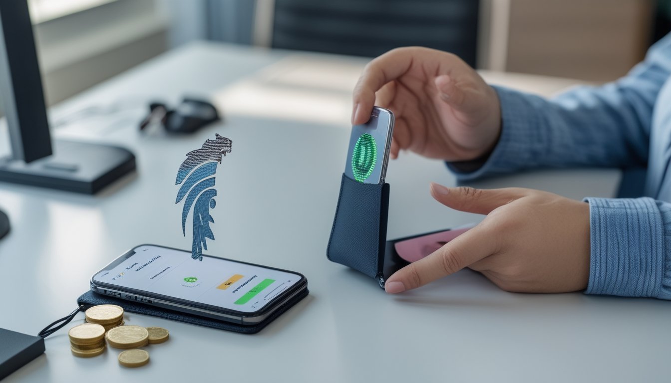 Tangan pengguna mengoperasikan ponsel dengan tampilan platform hiburan dan konsep pembayaran dompet digital di atas meja.