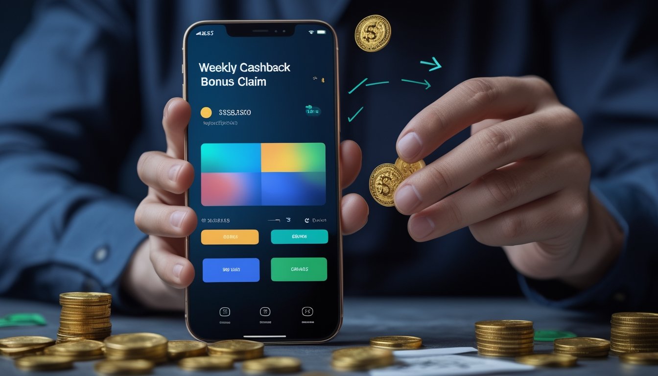 Seseorang menggunakan ponsel dengan tampilan hadiah digital, dikelilingi koin emas dan elemen kalender mingguan.