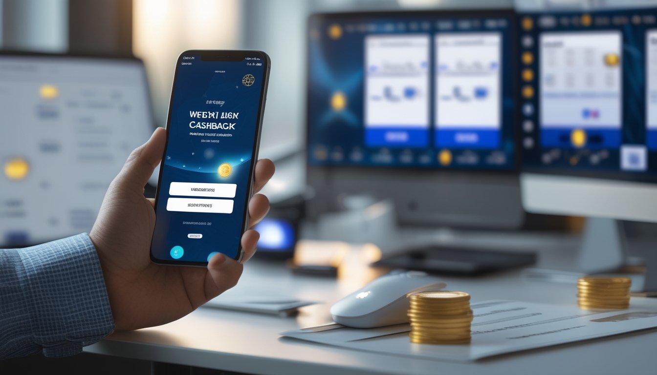 Seseorang menggunakan ponsel di meja kerja modern dengan tampilan abstrak hadiah cashback mingguan.