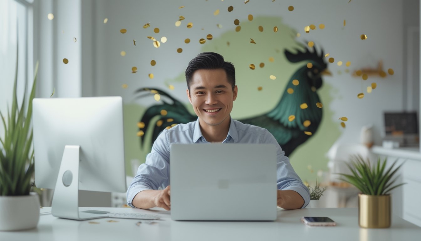 Orang dewasa tersenyum menggunakan laptop dan ponsel di ruang kerja modern dengan suasana perayaan yang elegan.
