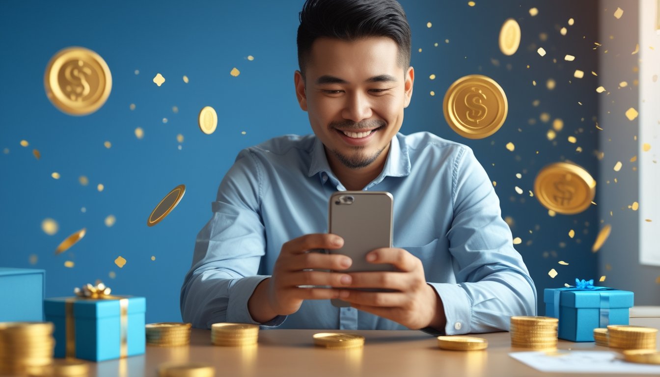 Seorang anggota baru tersenyum melihat ponsel dengan elemen bonus dan hadiah di ruang kerja modern.