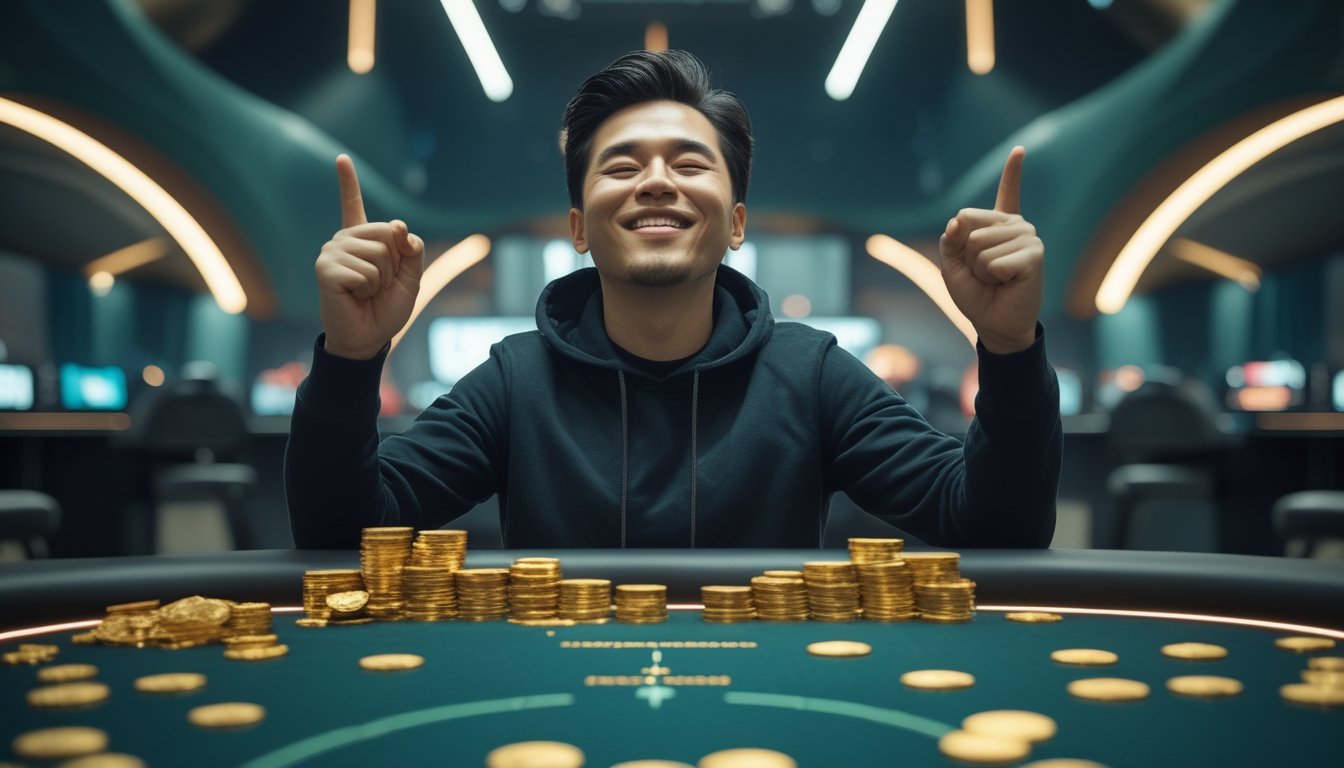 Seorang pemain merayakan kemenangan beruntun di arena permainan dengan token hadiah dan koin di atas meja.