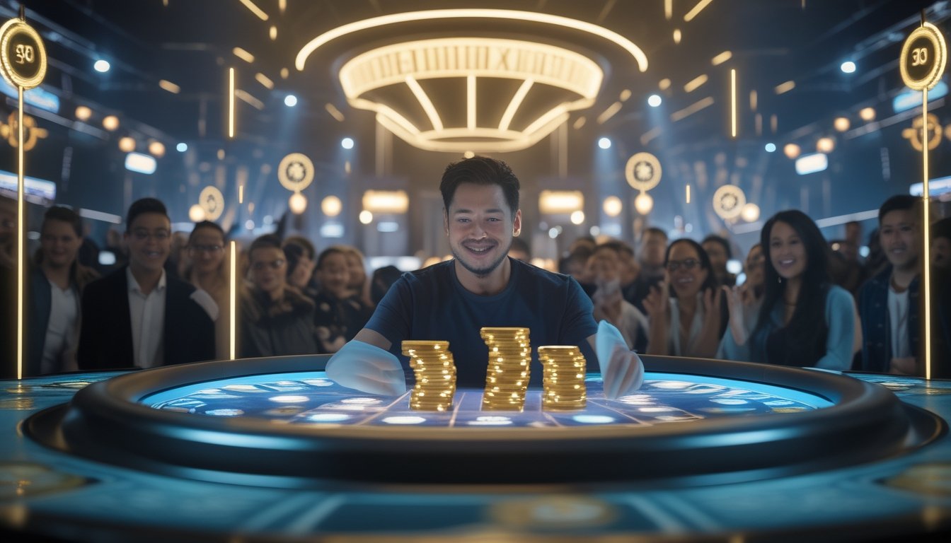 Seorang pemain merayakan kemenangan beruntun di arena permainan modern dengan cahaya keemasan dan penonton yang bersorak.