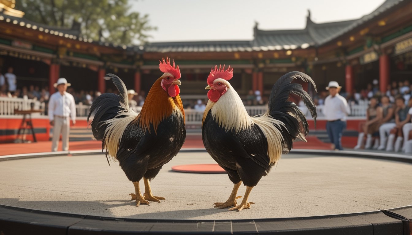 Arena kompetisi ayam tradisional yang tertib dengan dua ayam sehat, pemandu, dan penonton yang mengamati dari jarak aman.