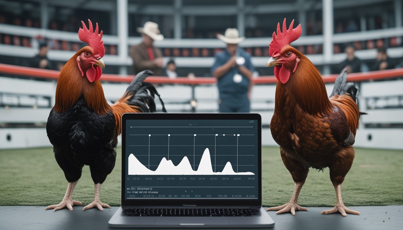 Dua ayam jantan sehat diamati wasit dan penonton di arena yang bersih, dengan perangkat menampilkan grafik data abstrak.