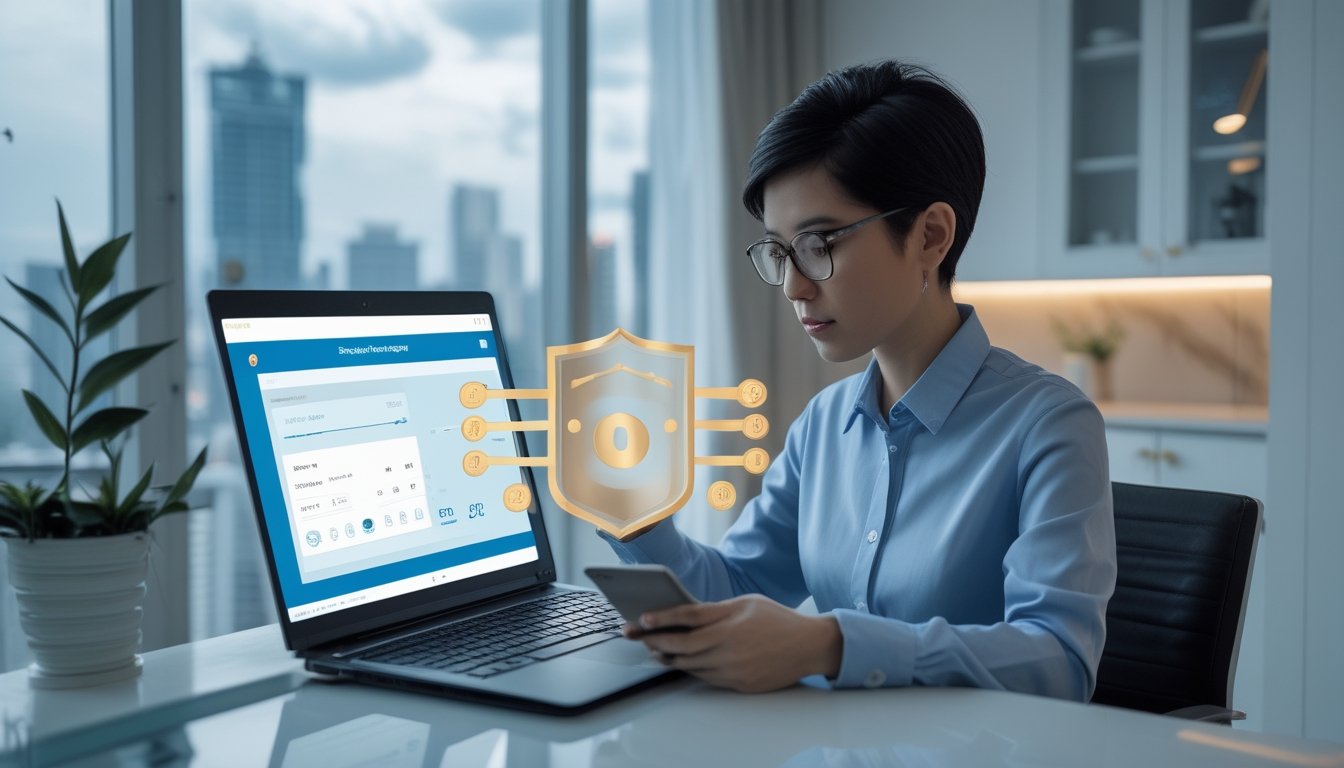 Profesional Indonesia menggunakan laptop dan ponsel dengan tampilan digital aman di ruang kerja modern.