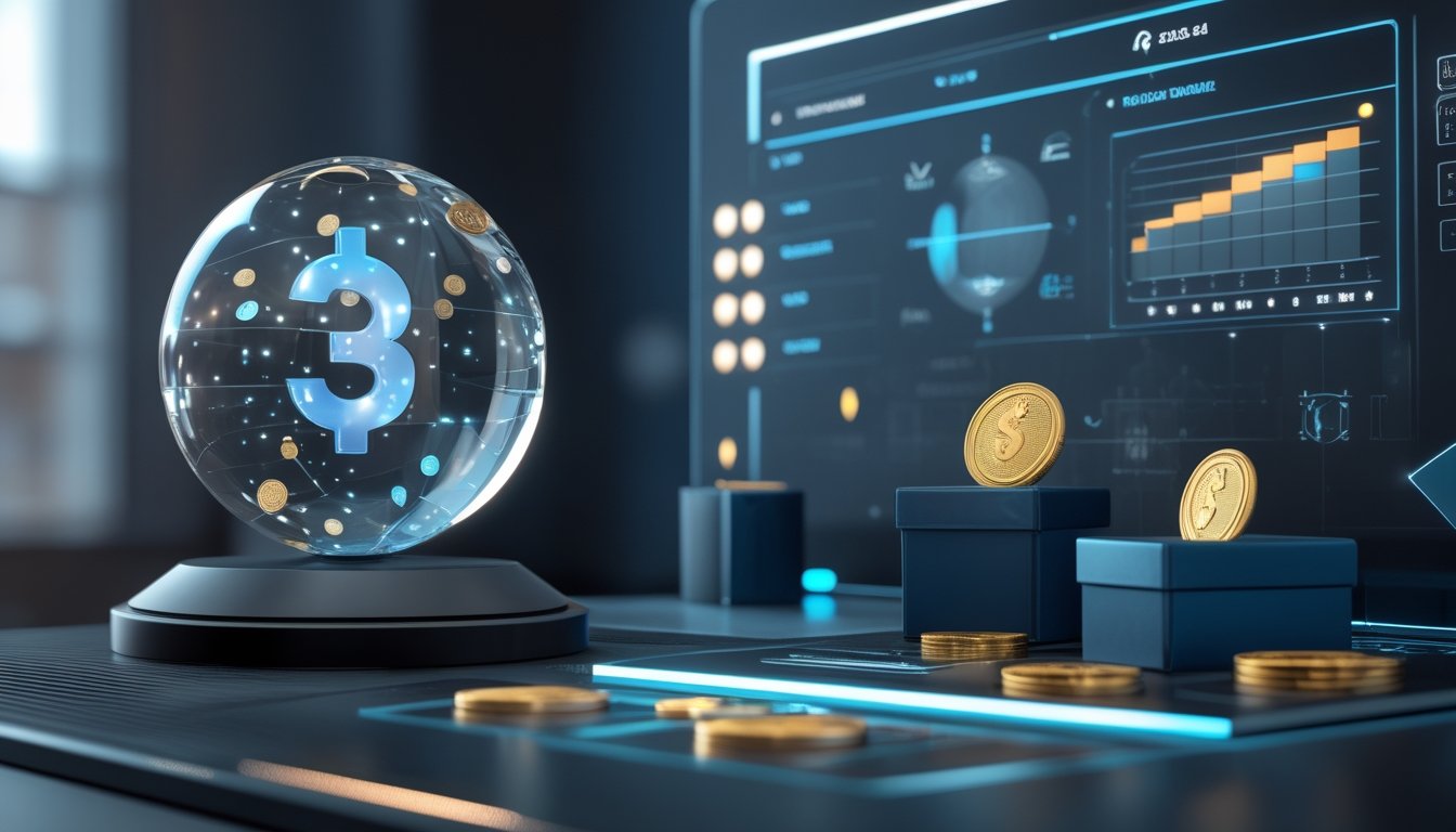Meja modern dengan bola holografik, koin emas, kotak hadiah, dan elemen digital bercahaya.