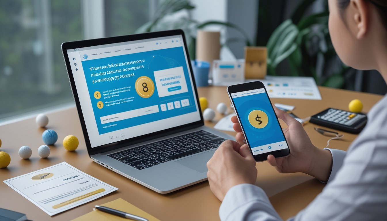 Orang dewasa memeriksa informasi hadiah digital dengan laptop dan ponsel, dikelilingi bola bernomor serta simbol verifikasi.