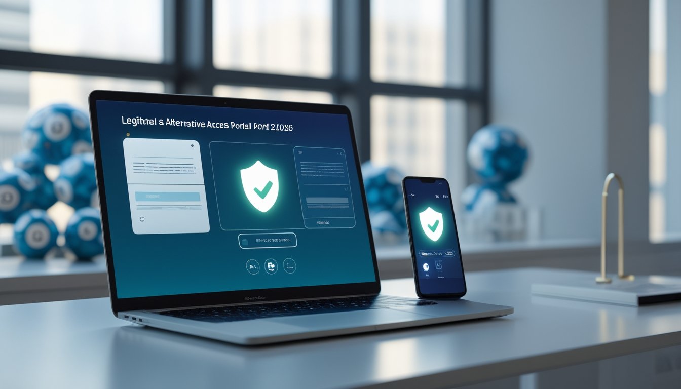 Laptop dan ponsel menampilkan portal digital aman dengan simbol perisai di meja kantor modern.