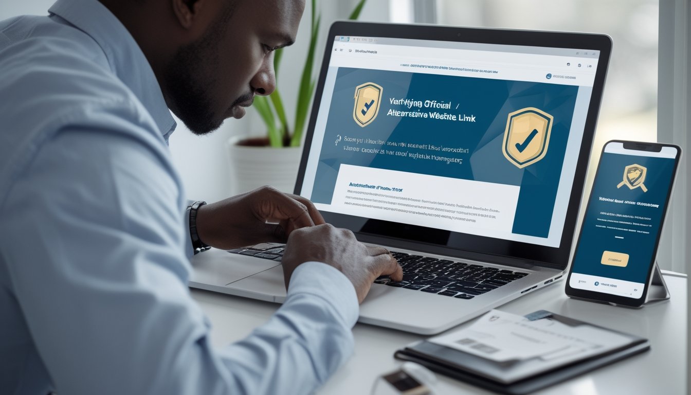 Seseorang memeriksa keamanan situs web pada laptop dan ponsel dengan simbol perlindungan digital.
