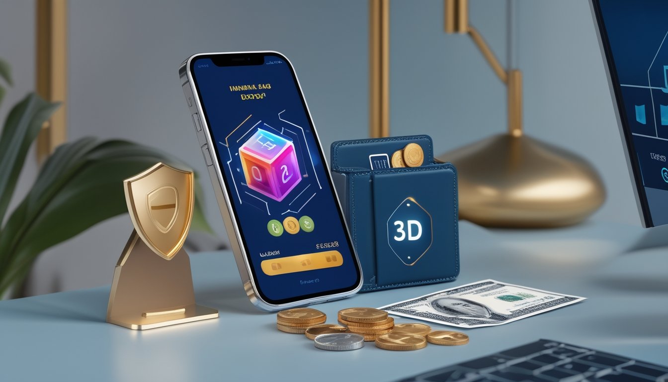 Ponsel dengan permainan angka 3D abstrak, dompet digital, dan uang rupiah di atas meja modern.