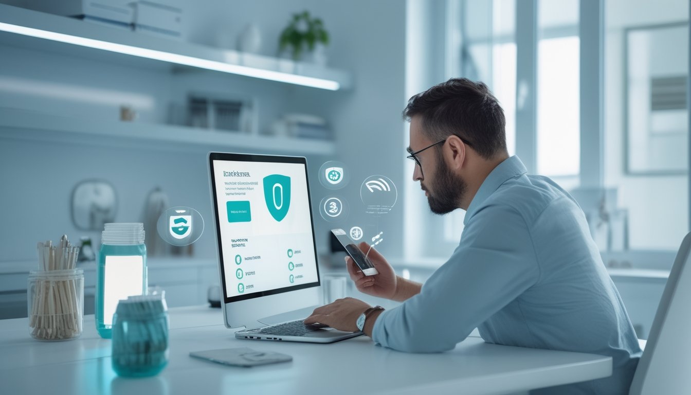Seorang pengguna meninjau platform digital dengan simbol keamanan di ruang kerja modern.