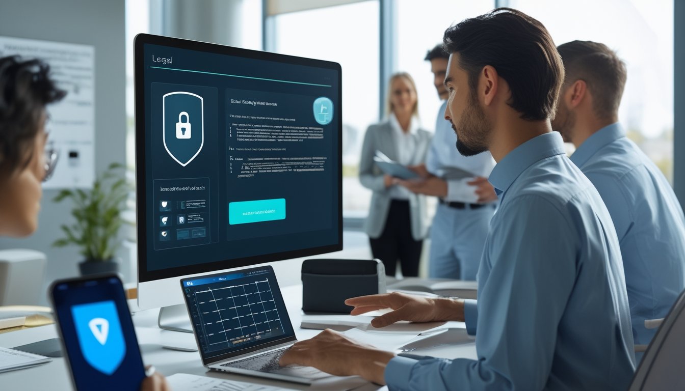 Para profesional memeriksa keamanan digital dan dokumen kepatuhan pada platform lotre daring.