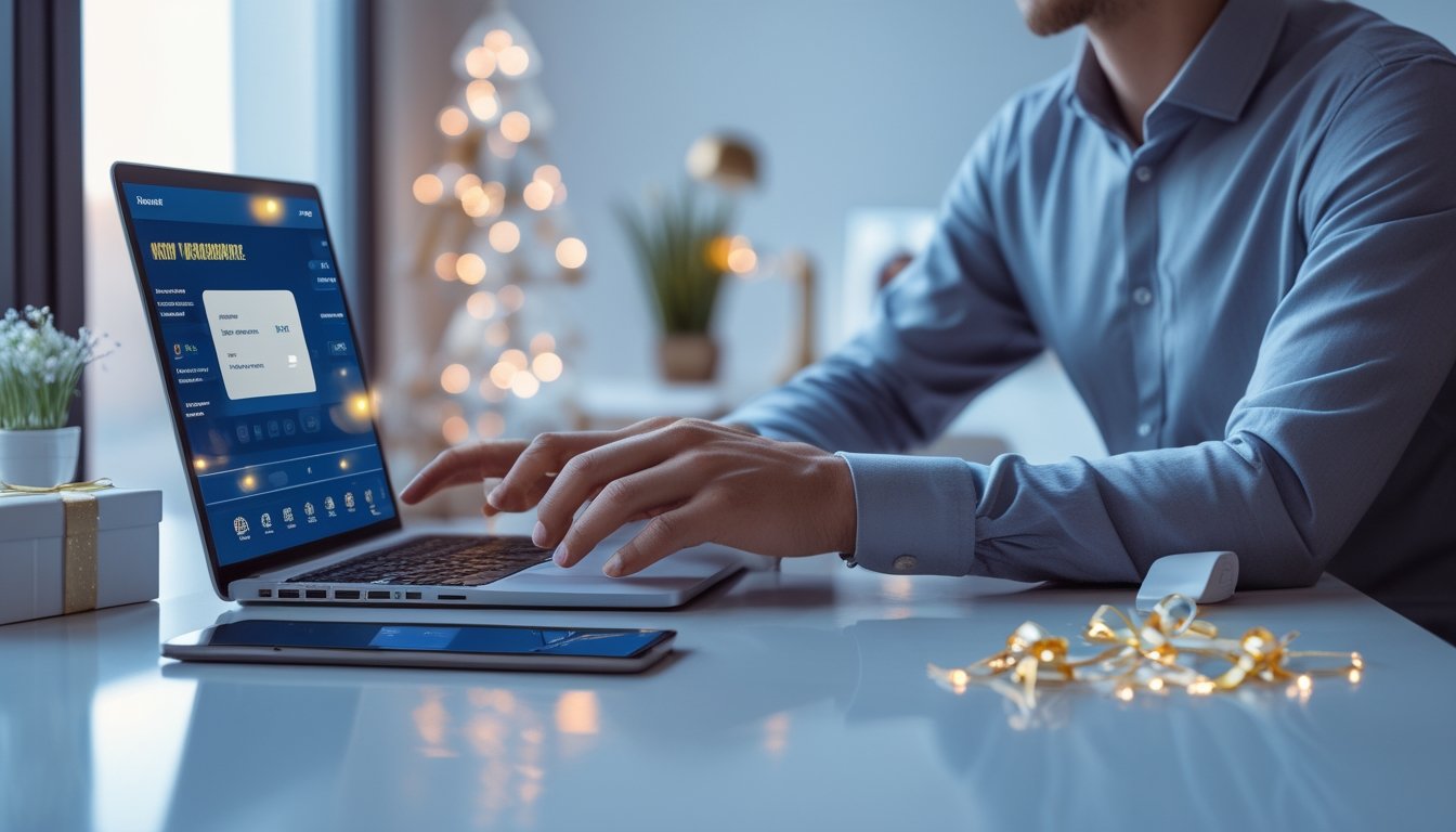 Seseorang menggunakan laptop dan ponsel di meja modern dengan suasana perayaan yang elegan.