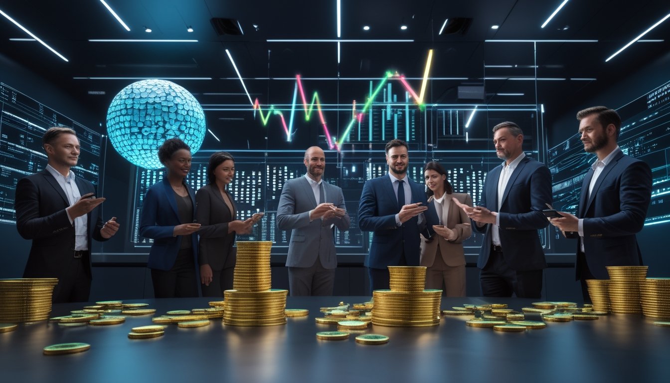 Tim profesional melihat tampilan data holografis dengan simbol angka bercahaya dan tumpukan koin emas di ruang modern.
