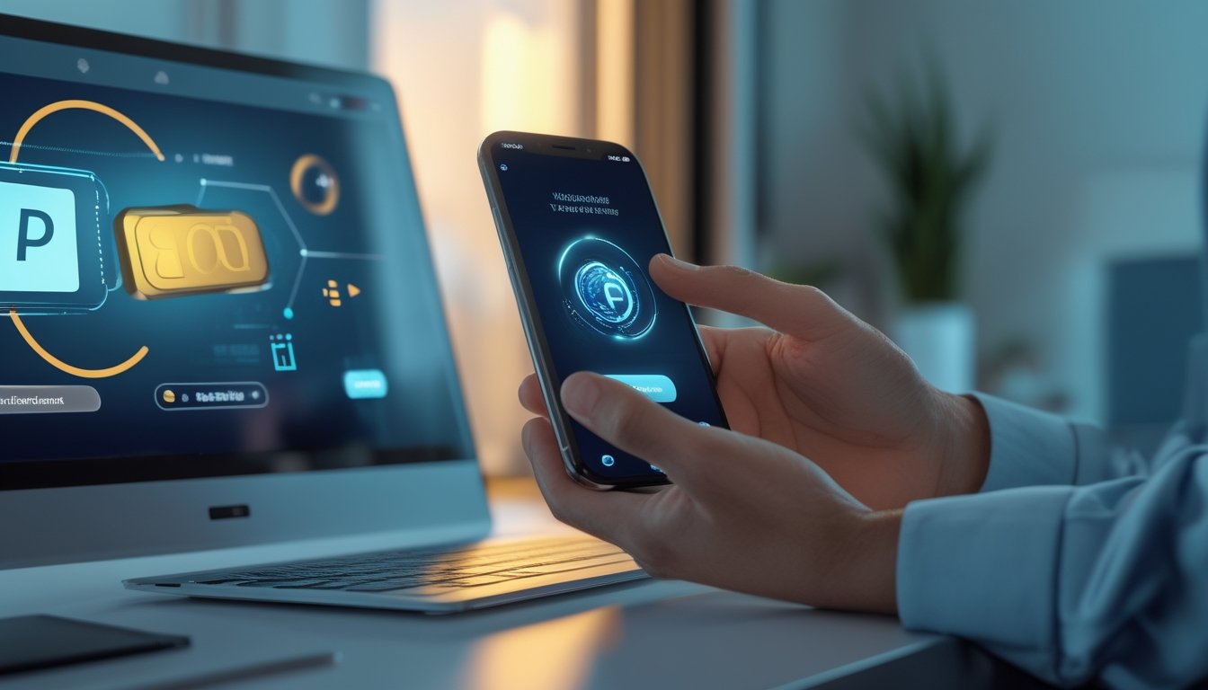 Seseorang menggunakan ponsel untuk melakukan transaksi dompet digital dengan tampilan pembayaran digital di perangkat lain.