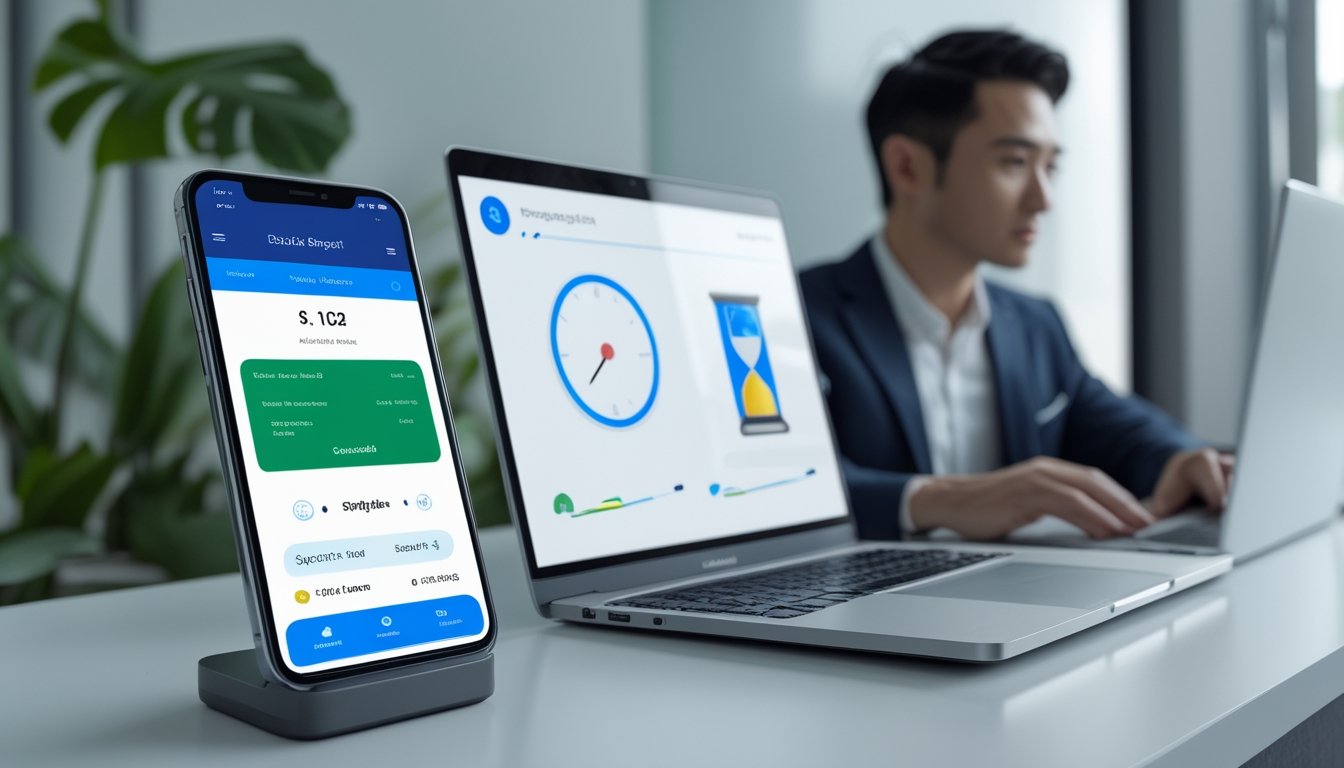 Seseorang memeriksa proses deposit dompet elektronik melalui ponsel dan laptop dengan simbol waktu.