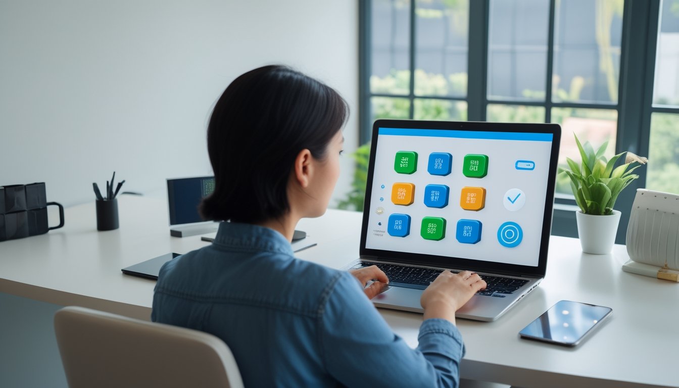 Seseorang menggunakan laptop dengan tampilan abstrak platform angka tiga dimensi yang aman di ruang kerja modern.