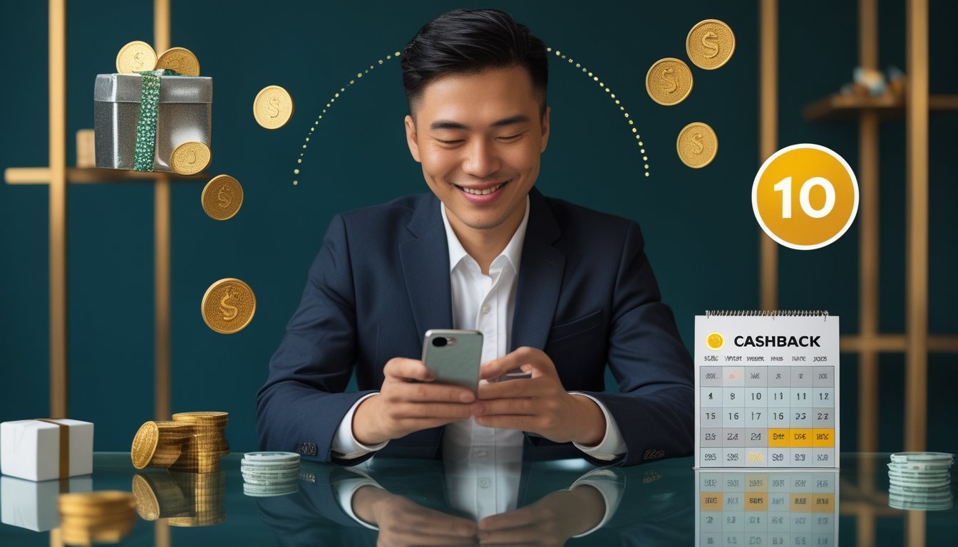 Seseorang melihat ponsel dengan tampilan hadiah cashback, dikelilingi koin emas dan kotak hadiah.