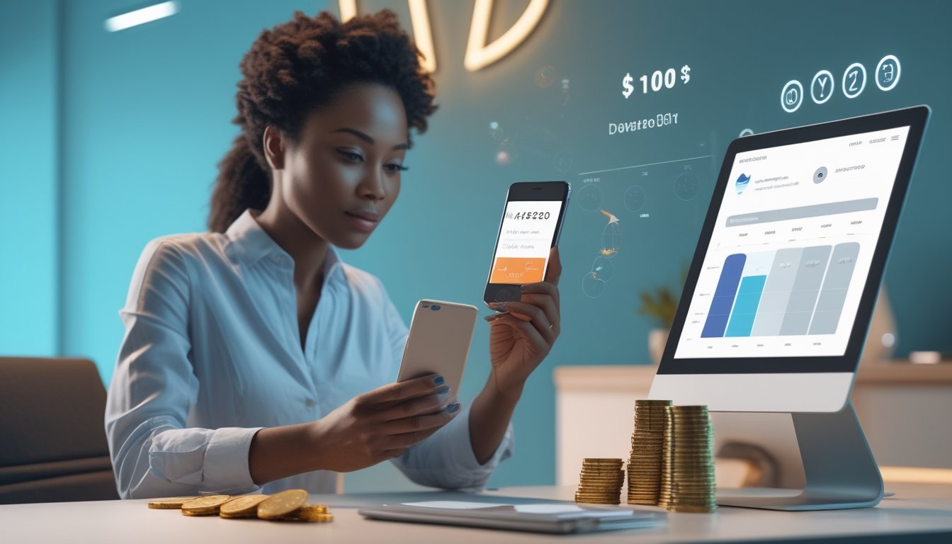 Orang dewasa melihat dompet digital dengan indikator cashback dan kalender mingguan di atas meja.