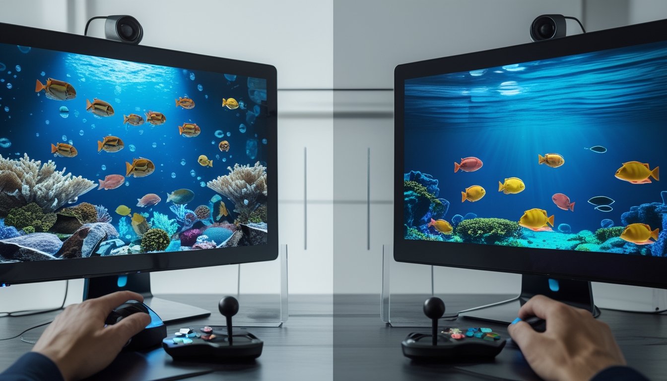 Tangan pemain mengendalikan dua layar permainan bawah laut yang menampilkan grafis ikan 3D dan 2D.