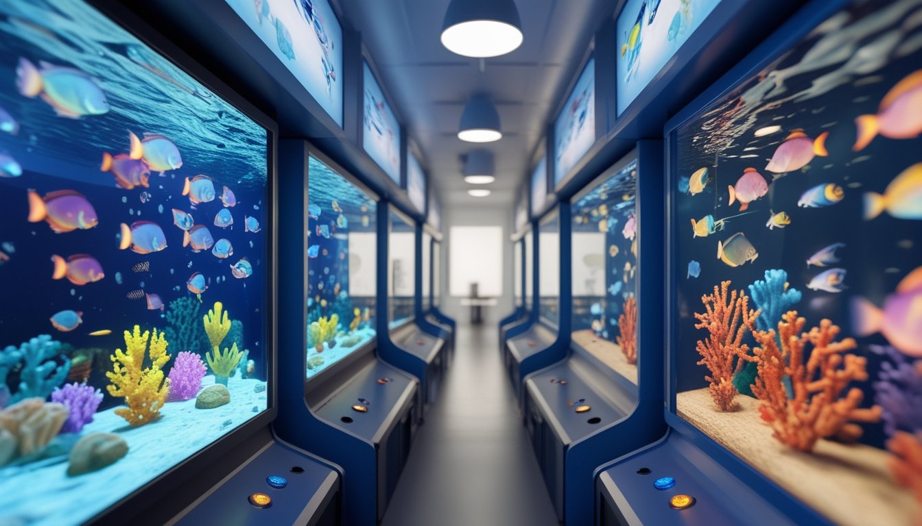 Dua layar permainan bawah laut menampilkan perbandingan visual tiga dimensi dan dua dimensi dengan ikan serta terumbu karang berwarna-warni.