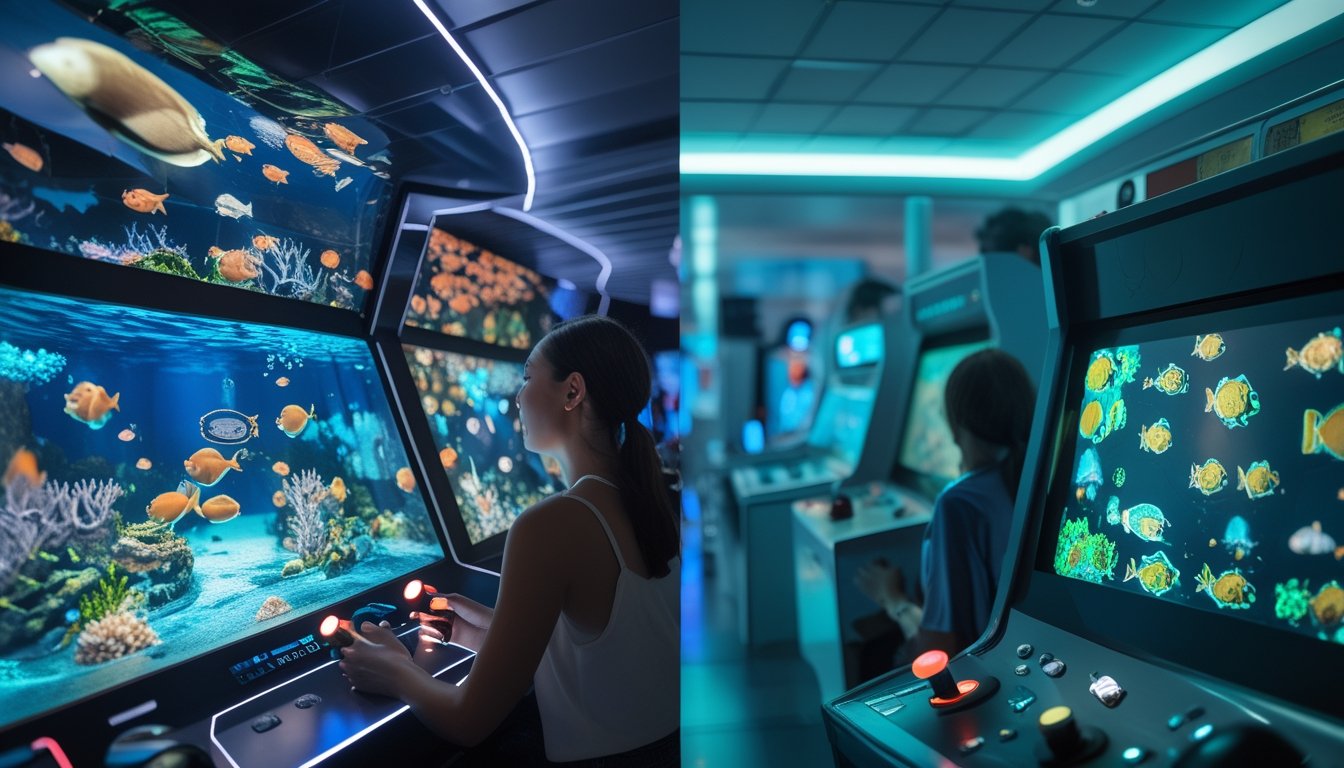 Dua pemain mencoba permainan tembak ikan di mesin arkade modern dan retro dalam suasana pusat hiburan.