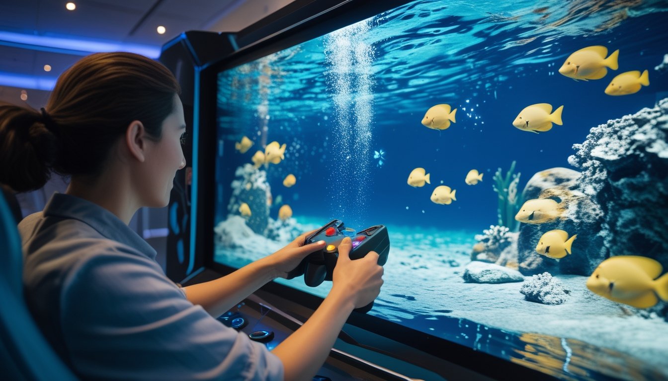 Seorang pemain menikmati permainan menembak ikan 3D di ruang permainan modern dengan tampilan bawah laut yang realistis.