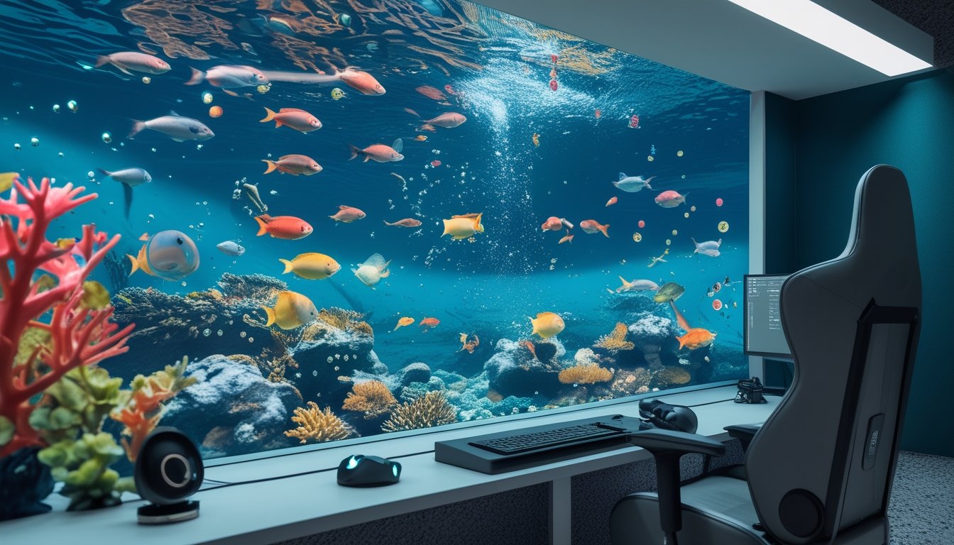 Tampilan permainan memancing ikan 3D bawah laut pada monitor dengan ikan tropis, terumbu karang, dan perlengkapan gaming.