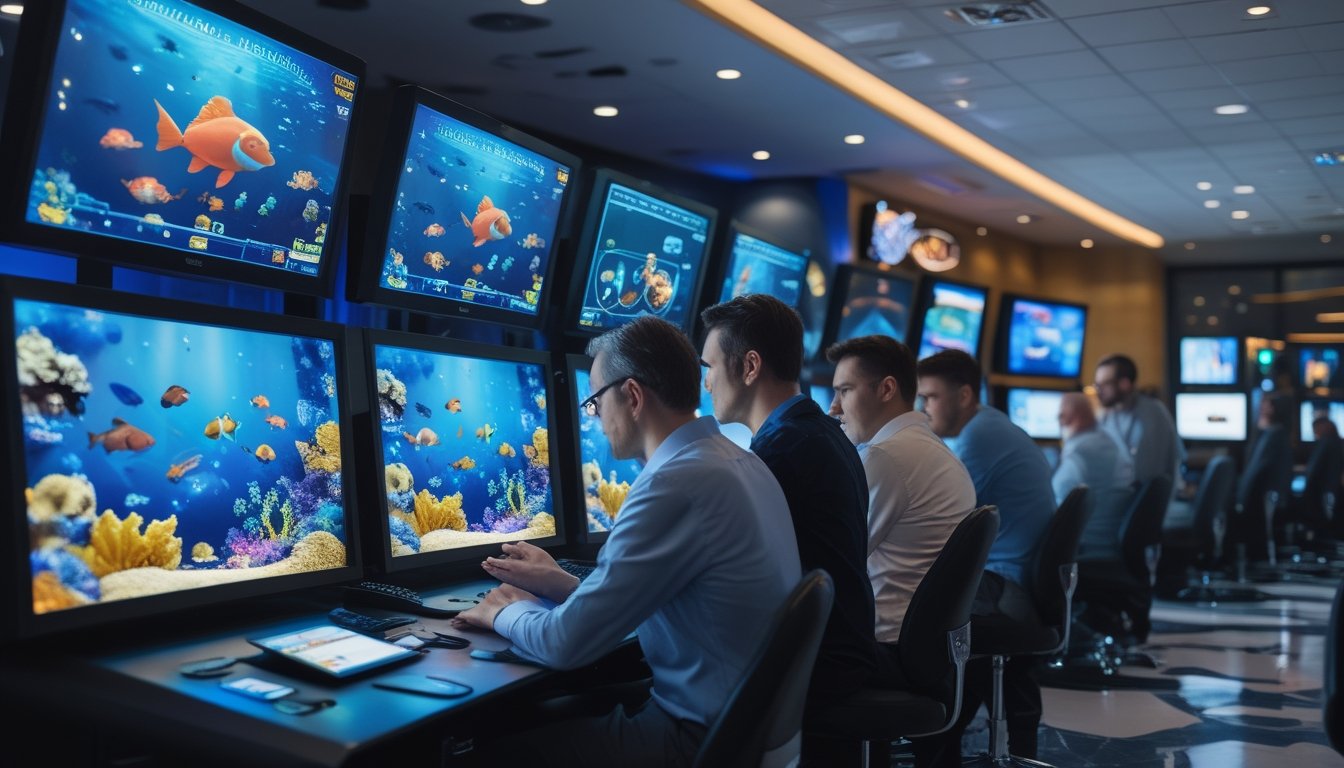 Sekelompok orang membandingkan permainan tembak ikan 3D pada beberapa layar di ruang hiburan modern.
