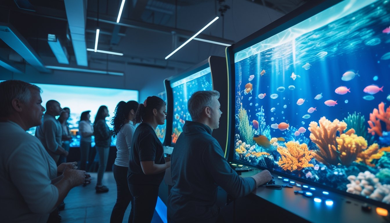 Sekelompok orang bermain permainan tembak ikan 3D di mesin arkade dengan layar bawah laut yang penuh warna.