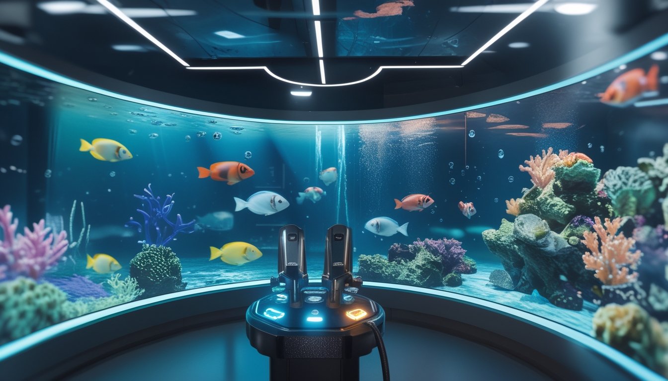 Mesin permainan tembak ikan 3D dengan ikan tropis dan terumbu karang di layar arcade modern.