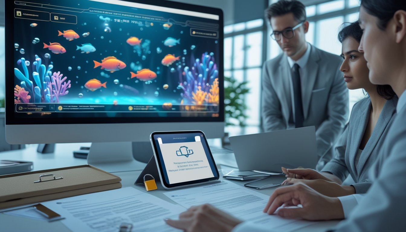 Profesional meninjau dokumen kepatuhan dan pengaturan keamanan permainan ikan digital di kantor modern.