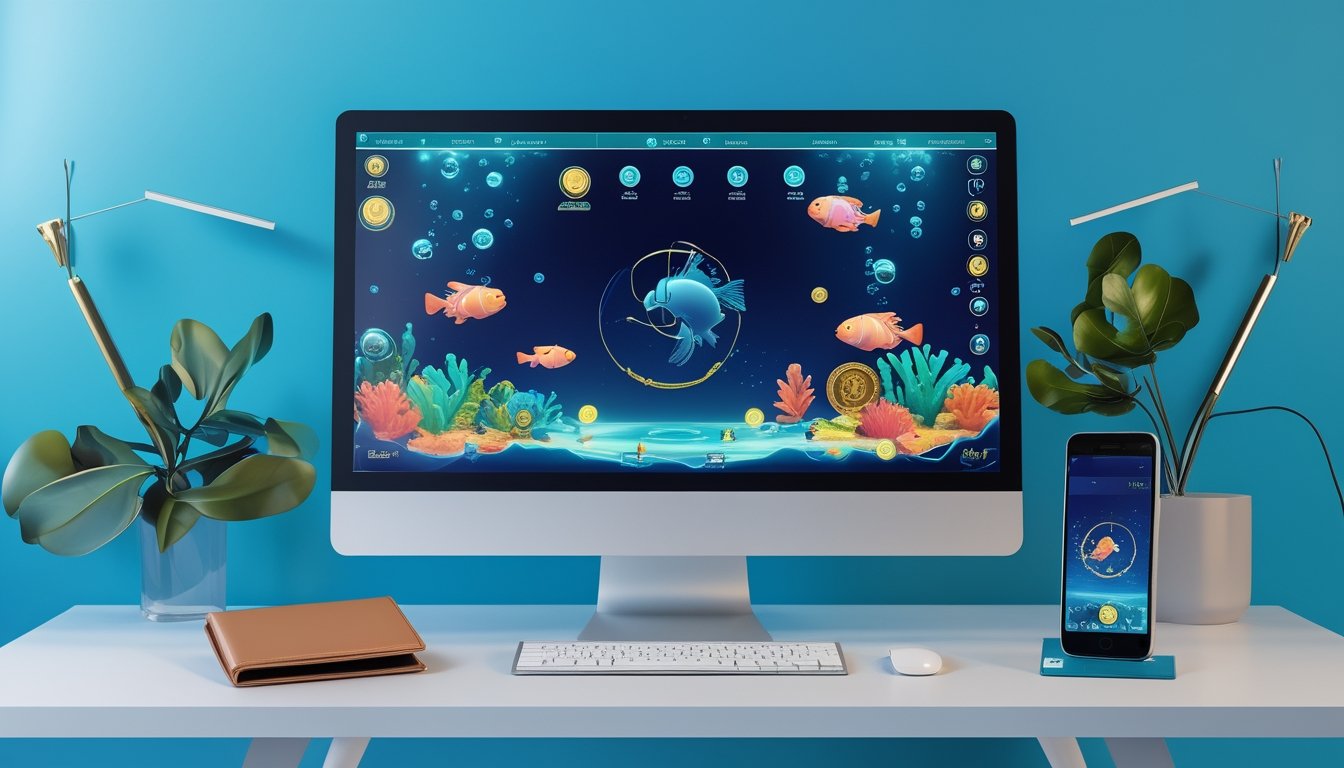 Monitor dan ponsel menampilkan permainan memancing bawah laut 3D dengan ikan warna-warni, ditemani dompet dan kartu pembayaran di atas meja.