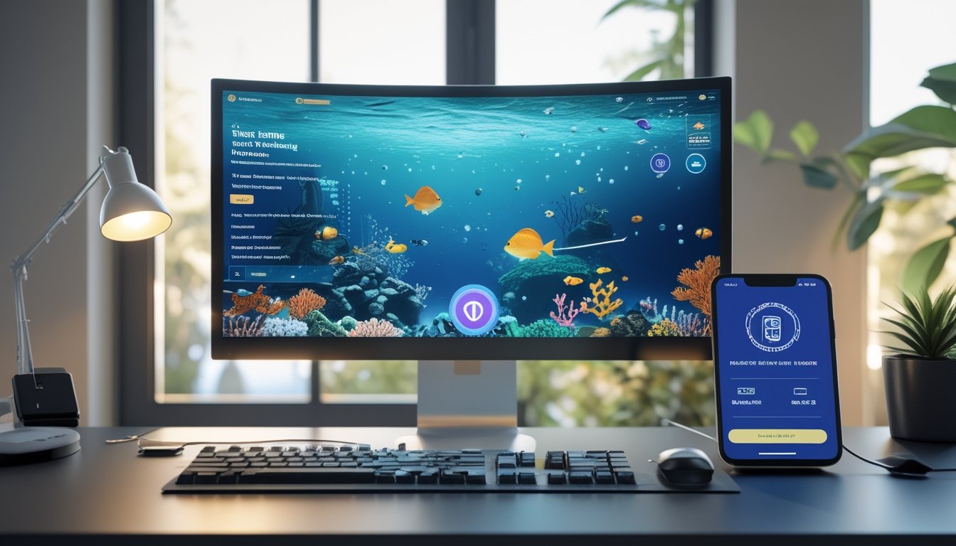Meja kerja modern dengan layar menampilkan permainan memancing 3D bawah laut dan perangkat yang menunjukkan simbol keamanan.