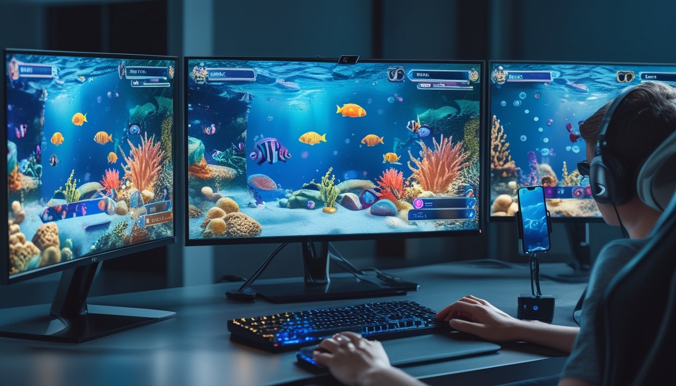 Komputer menampilkan permainan tembak ikan bertema bawah laut di meja gaming modern.