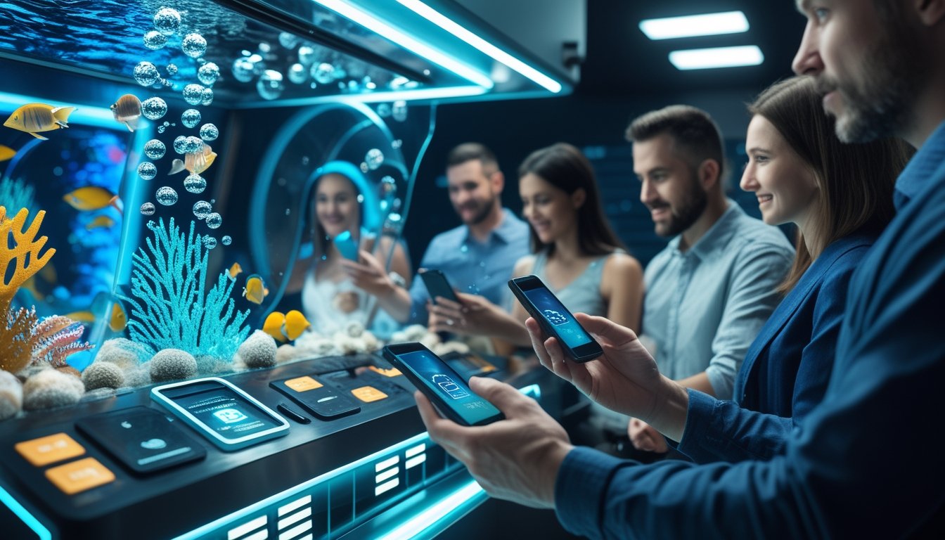 Orang dewasa menggunakan ponsel di lingkungan bawah laut futuristis dengan ikan tropis dan antarmuka pembayaran digital.