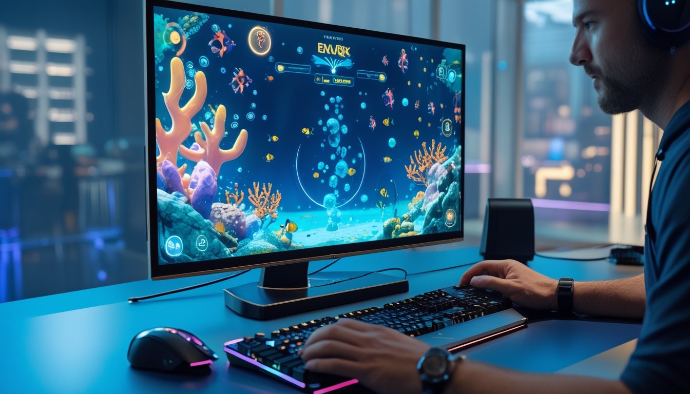 Tangan pemain mengendalikan permainan tembak ikan 3D dengan pemandangan bawah laut berwarna-warni di monitor.